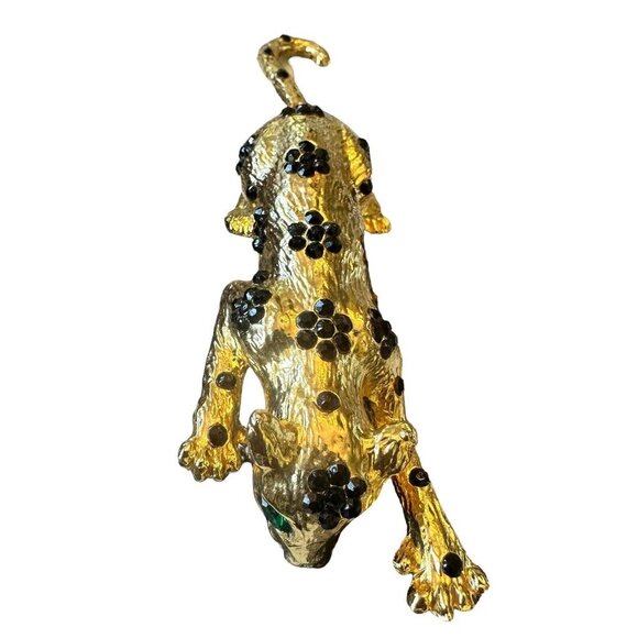 VTG Leopard Brooch Pin 5" Black Rhinestone Flowers Green Eyes Articulating READ - Picture 4 of 8